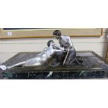 An Art Deco style bronze of a faun and his muse, signed H. Fonquergne, on marble base, 57cm