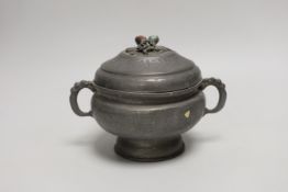 A Chinese export pewter twin-handled inkwell, the cover inset with polished hardstones, 13cm high