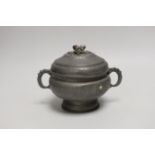 A Chinese export pewter twin-handled inkwell, the cover inset with polished hardstones, 13cm high