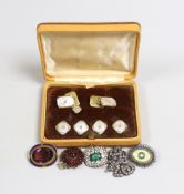 Victorian and later jewellery including a gilt metal, amethyst paste and enamelled oval brooch,