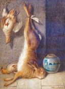 William Cruickshank (1848-1922), watercolour on ivory, Still life of game in a larder, signed, 15