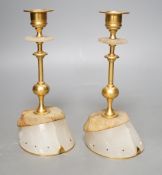 A pair of gilt metal and hardstone 'hoof' candlesticks, 19cm