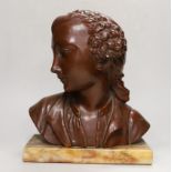 A patinated composition bust of a gentleman, impressed signature verso, Secondo, alabaster plinth,