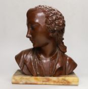 A patinated composition bust of a gentleman, impressed signature verso, Secondo, alabaster plinth,