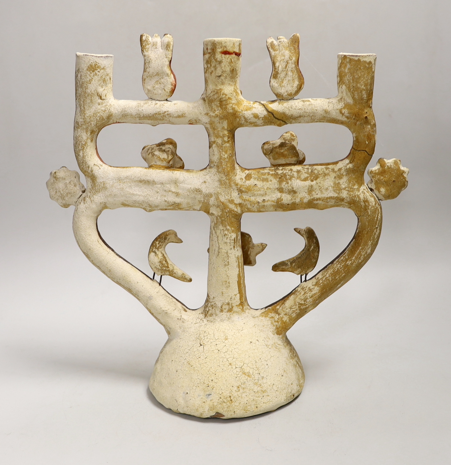A Mexican Tree of Life painted terracotta candelabrum, 28cm high - Image 2 of 3