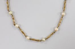 A modern 9ct gold, cultured pearl and entwined bar link necklace, 38cm, gross weight 10.8 grams.