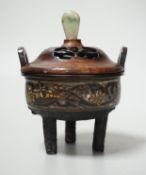 A Chinese or Japanese champleve enamel censer, wood cover, late 19th century, 12cm