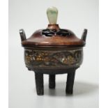 A Chinese or Japanese champleve enamel censer, wood cover, late 19th century, 12cm