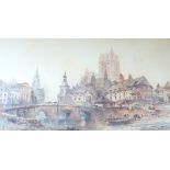 Paul Marny (1829-1914), watercolour, Cathedral cityscape, Abbeville, signed, 36 x 60cm