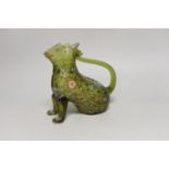 A Moser type zoomorphic enamelled glass jug in the form of a seated cat, 18cm high