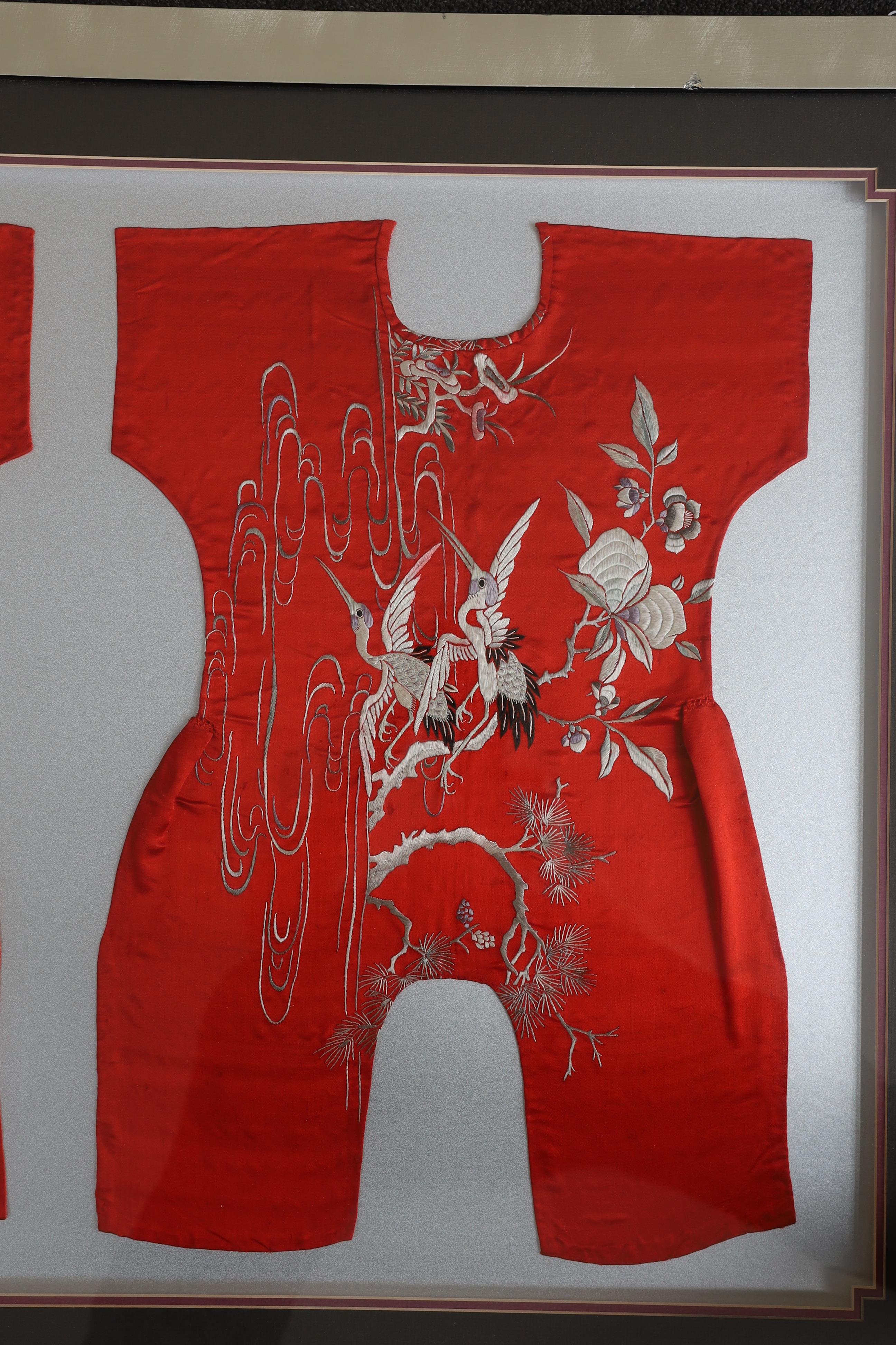 Three early 20th century Chinese framed embroideries: two purple baby’s bibs embroidered with - Image 6 of 6