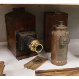 A Victorian microscope magic lantern and a copper fire extinguisher