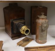 A Victorian microscope magic lantern and a copper fire extinguisher