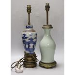 A Chinese celadon glazed lamp and a crackle glaze lamp, each 30cm