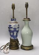 A Chinese celadon glazed lamp and a crackle glaze lamp, each 30cm