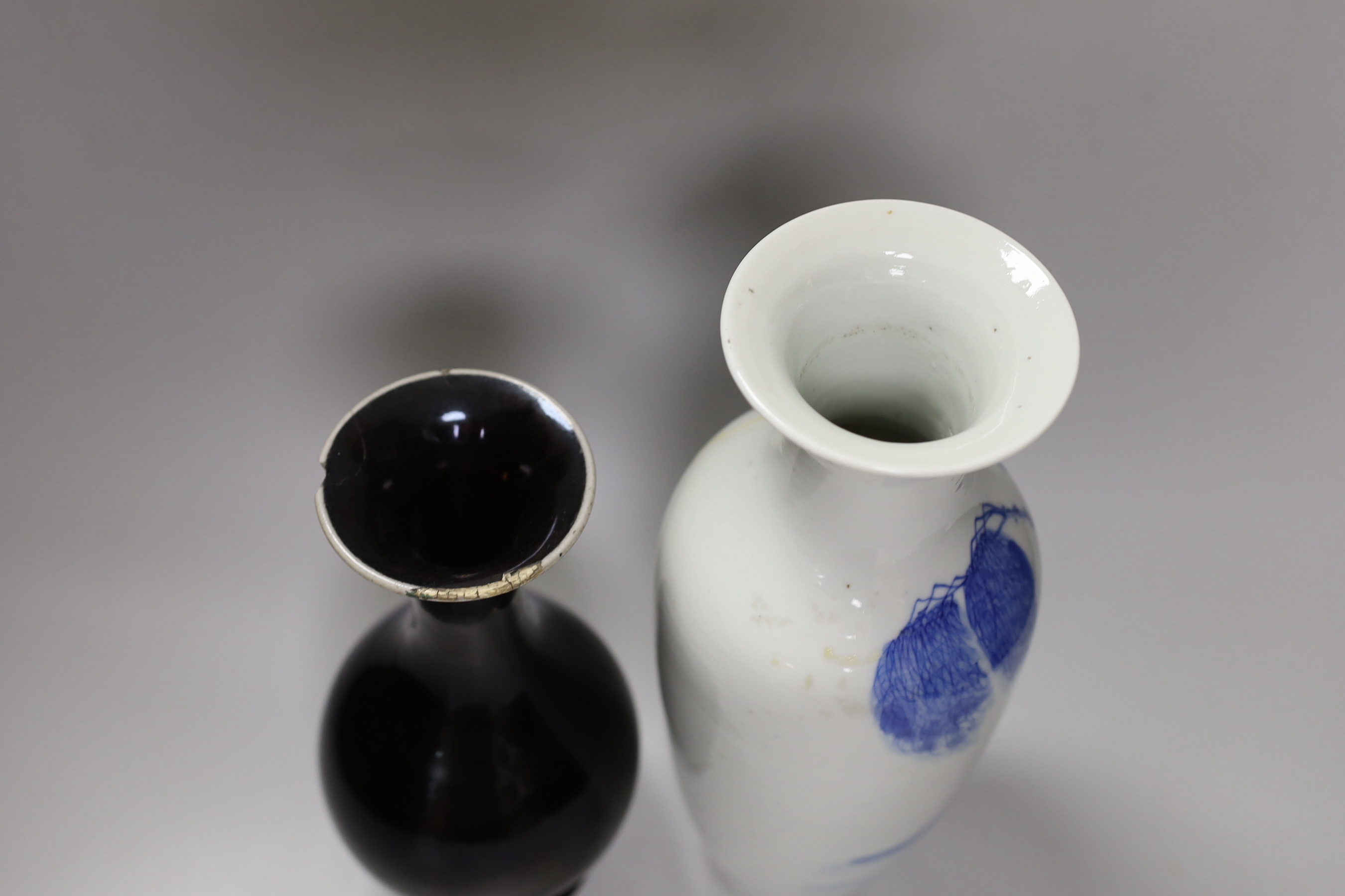 A Chinese mirror-black glazed vase, 18th century and a 19th century Chinese blue and white ' - Image 3 of 4