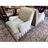 A pair of Howard style upholstered armchairs, width 69cm, depth 88cm, height 82cm
