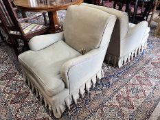 A pair of Howard style upholstered armchairs, width 69cm, depth 88cm, height 82cm