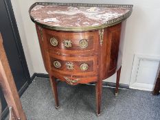 A Louis XVI style marble top demi lune two drawer petite commode, width 67cm, depth 36cm, height