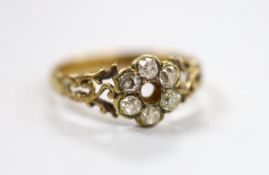 A late Victorian 18ct and diamond cluster set ring (stone missing), size P/Q, gross weight 3.6
