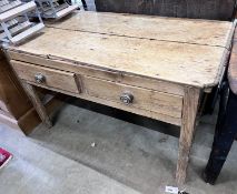 A 19th century pine two drawer table, width 118cm, depth 59cm, height 73cm