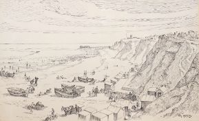 Tom W. Armes (1894-1962), pen and ink, 'Cromer beach and pier', signed, 30 x 49cm