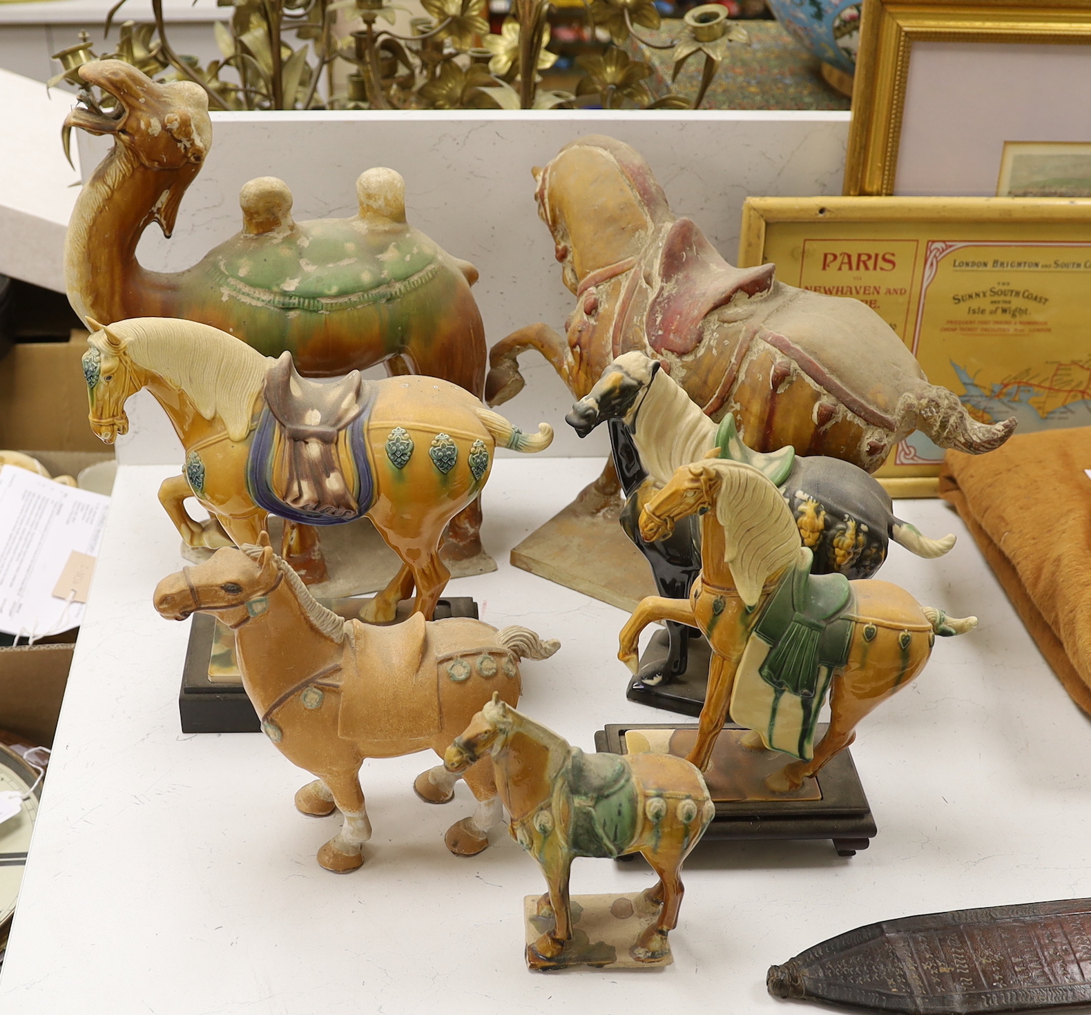 A group of Tang style Chinese Sancai glazed horse and cannon figures (later reproductions) tallest