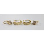 Two modern pairs of 18ct gold and diamond chip cluster earrings, including half hoop, 15mm, gross