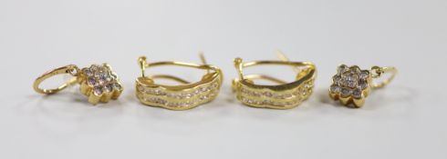 Two modern pairs of 18ct gold and diamond chip cluster earrings, including half hoop, 15mm, gross