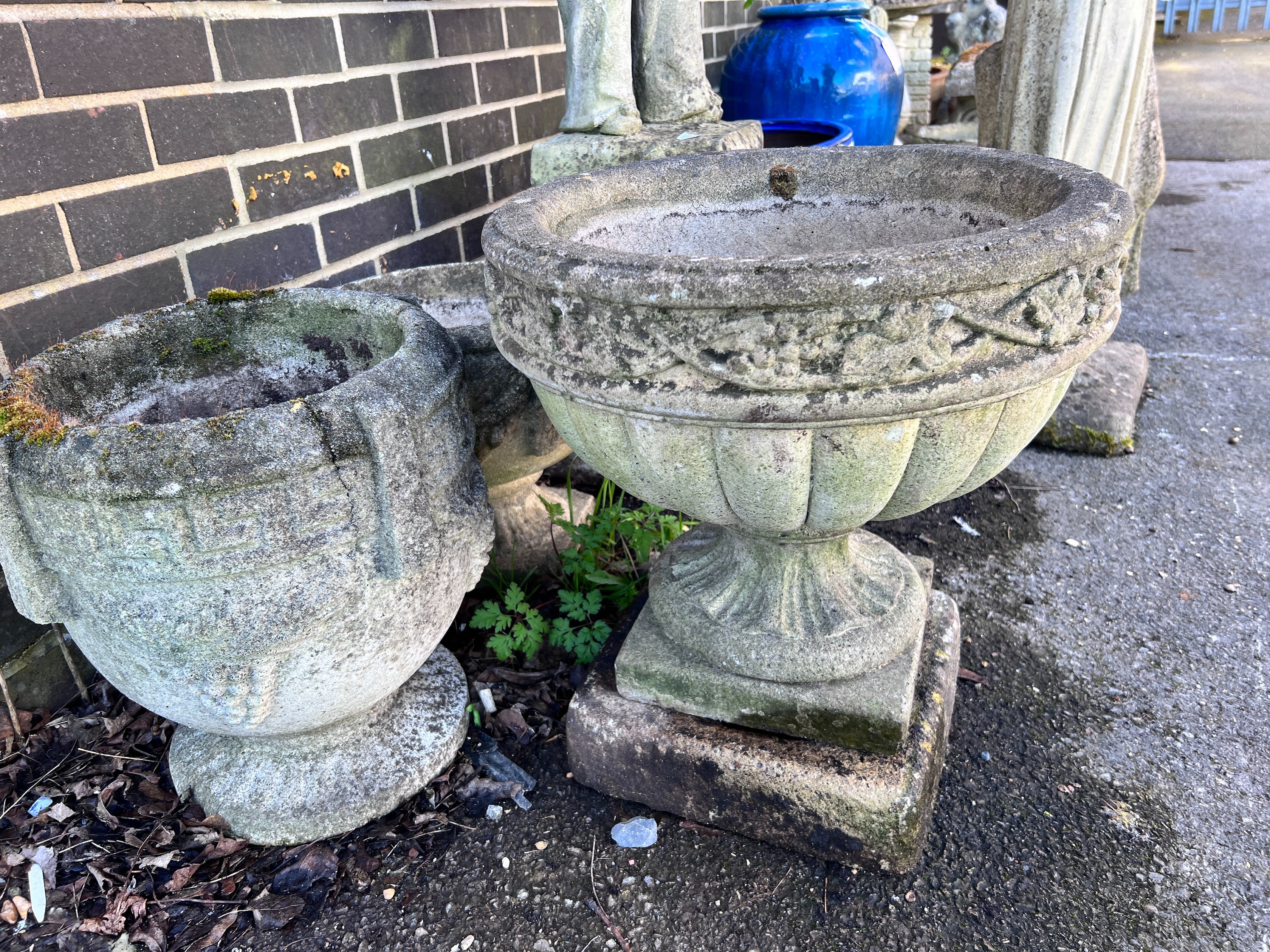 Three circular reconstituted stone garden planters, largest diameter 46cm, height 49cm - Image 2 of 4