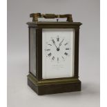 A French repeating brass carriage clock, retailed by Hanhart Calcutta, 16cm