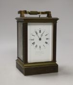 A French repeating brass carriage clock, retailed by Hanhart Calcutta, 16cm