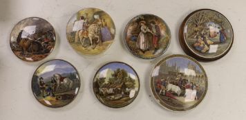 Seven various pot lids, The Cavalier, with base, War and five others