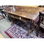 A Victorian rosewood two drawer library table, width 143cm, depth 68cm, height 77cm