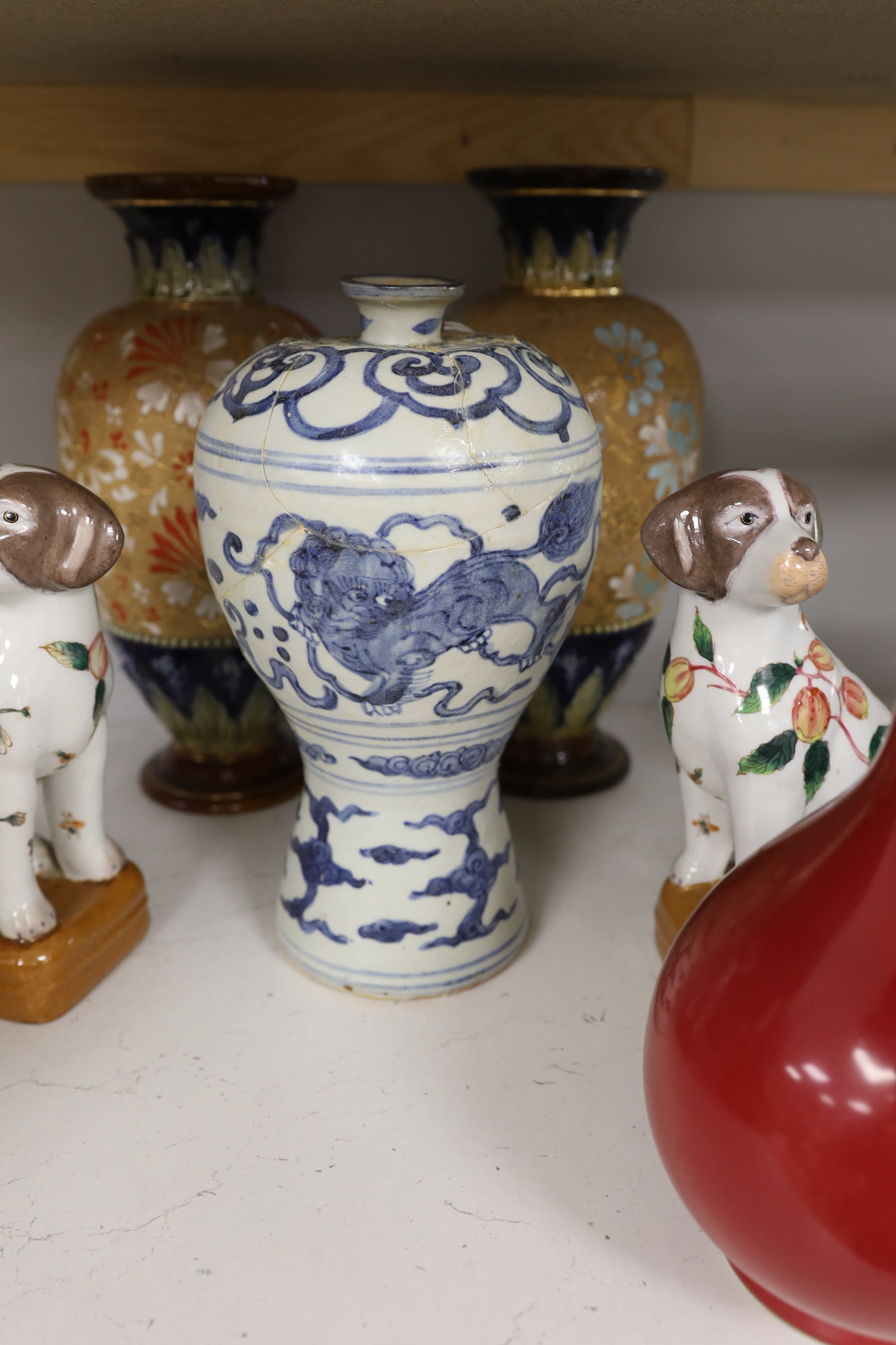 A Chinese blue and white Meiping, a copper red glaze vase and a pair of dog figures, tallest 30cm - Image 3 of 3