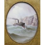 English School c.1900, oil on millboard, Steamship off the coast, oval, 35 x 28cm
