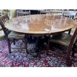 A Victorian circular burr walnut tilt top breakfast table, diameter 130cm, height 72cm