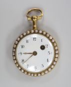 An early 20th century continental yellow metal, split pearl and enamel set open face fob watch, with