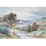W. Haines, watercolour, Angler in a landscape, signed, 25 x 35cm, with two Cries of London colour