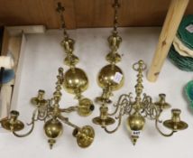 A pair of 19th century Dutch brass wall lights, each formed as a four branch chandelier with