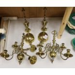 A pair of 19th century Dutch brass wall lights, each formed as a four branch chandelier with