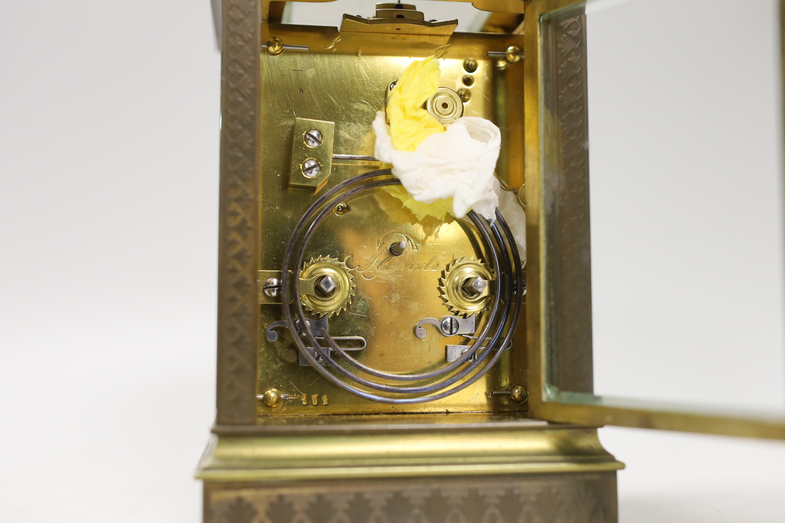 A French repeating brass carriage clock, retailed by Hanhart Calcutta, 16cm - Image 3 of 3