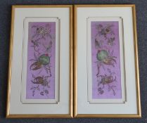 A pair of late 19th century Chinese purple silk, multi-coloured metallic thread embroideries,