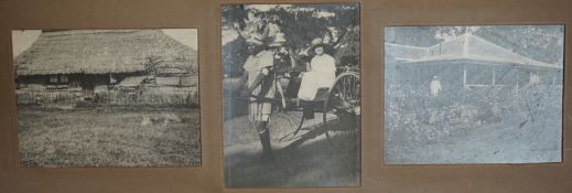 Three oak framed groups of black and white photographs of colonials in Africa, including Big game