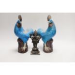 A pair of Chinese export polychrome models of cockerels, 25cm, and a small export cast bronze figure