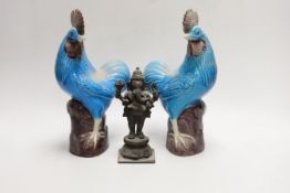 A pair of Chinese export polychrome models of cockerels, 25cm, and a small export cast bronze figure