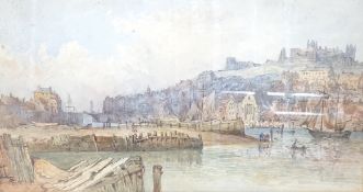 DB, watercolour, View of Whitby harbour, monogrammed, 30 x 53cm, and a watercolour, View of York