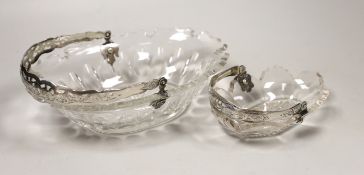 A late 19th century Dutch white metal mounted cut glass sweetmeat basket, length 21.4cm and a