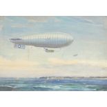 Philip J. Smith, oil on canvas, RAF dirigible over the sea, c.1914, signed, Crew and service details