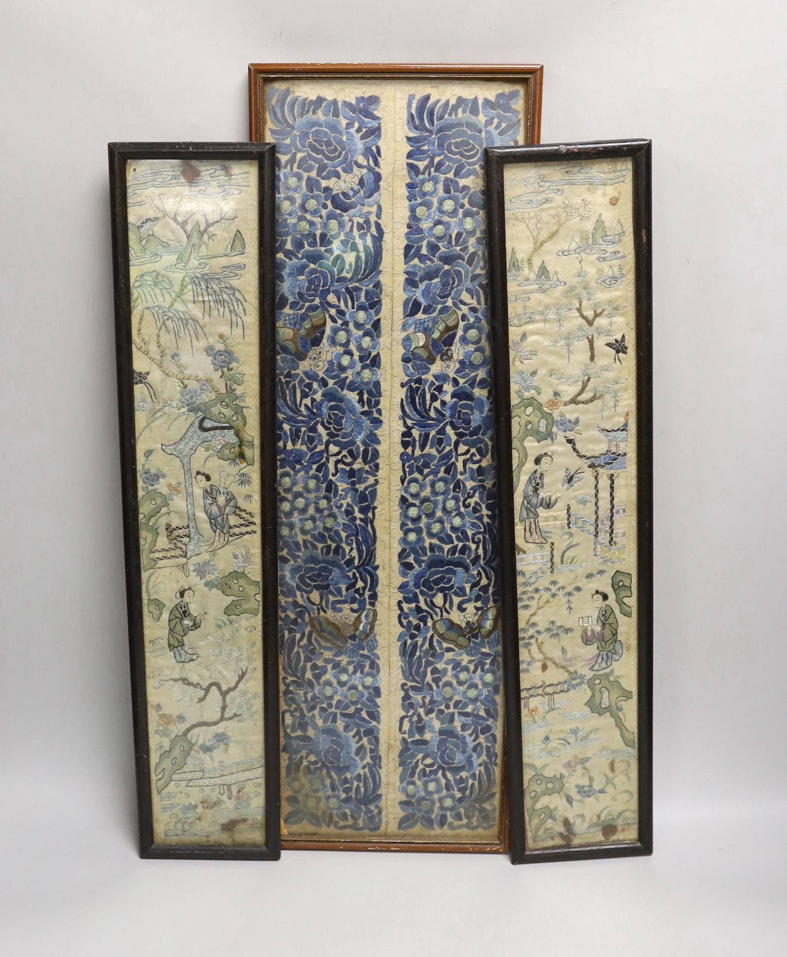 Three Chinese embroidered silk panels